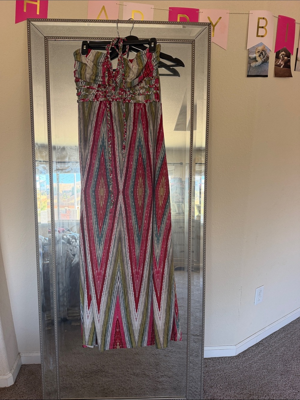 Snap Strapless Maxi Dress in Pink, Green & White Chevron
